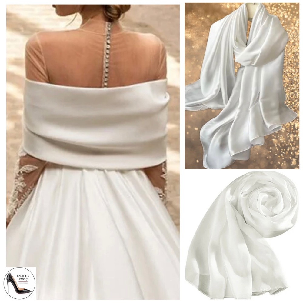 100% SILK SATIN White Large Shawl Scarf Wrap Wedding Bridal Bridesmaid Cover up - Picture 7 of 9